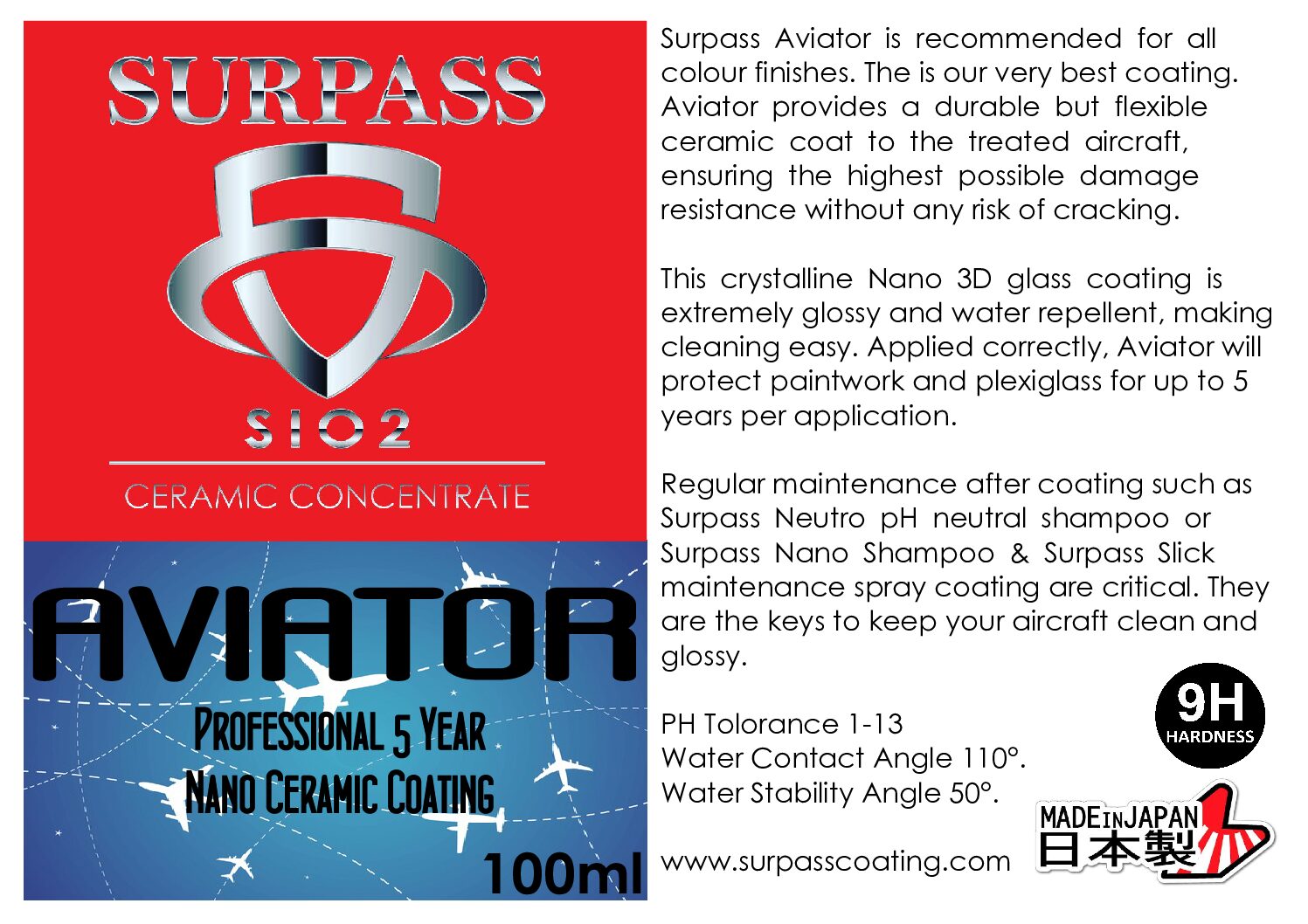 AVIATOR-pdf.jpg Surpass AVIATOR 5 Year Nano Ceramic Coating for Paint and Plexiglass 100ml - Image 1